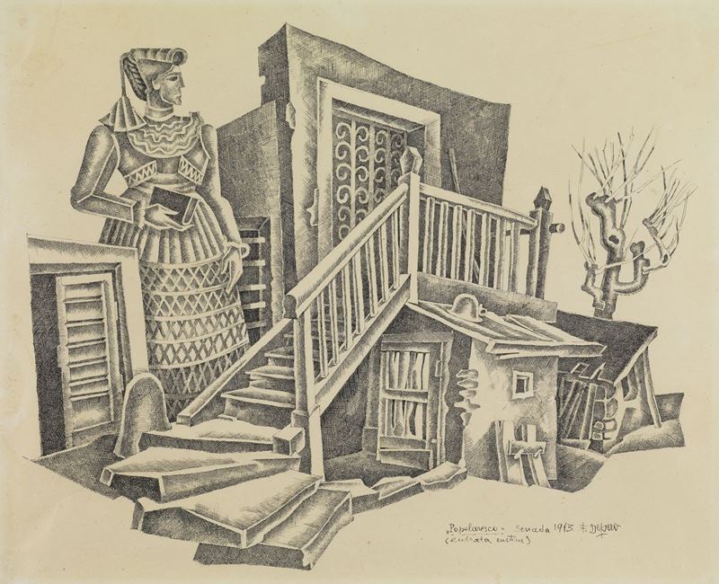 Fortunato Depero - Popolaresco (entrata rustica), inchiostro su carta