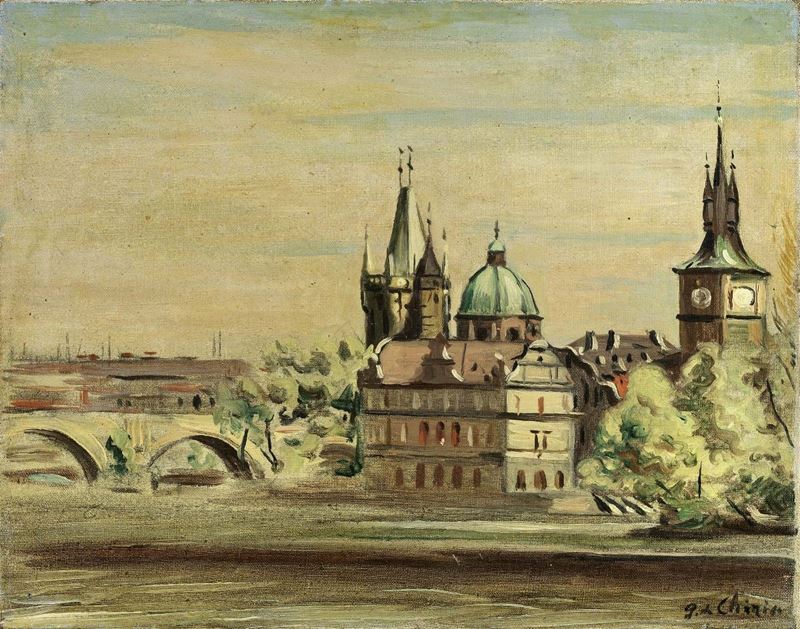 Giorgio De Chirico - Veduta di Praga con Ponte sulla Moldava