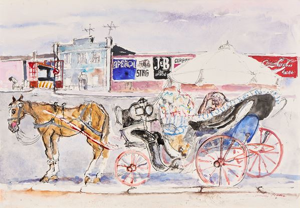 Walter Piacesi : L'ultimo vetturale  - Tecnica mista su cartone - Auction Parade - Modern, Contemporary and Graphic Art - Casa d'aste Farsettiarte