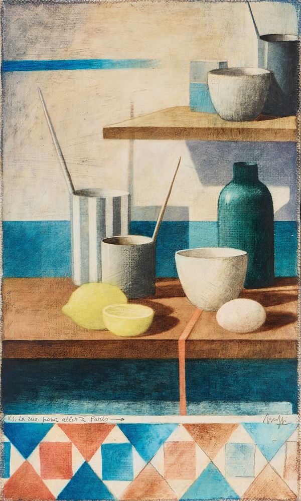 Marcello Scuffi : Natura morta con la greca (Il filo rosso della memoria)  (1999)  - Olio su tela - Asta Parade - Arte Moderna, Contemporanea e Grafica - Casa d'aste Farsettiarte