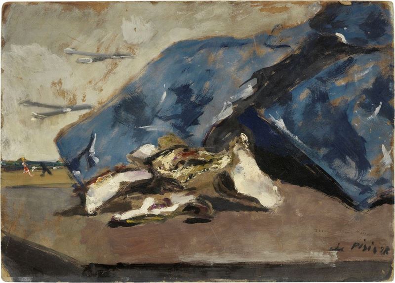 Filippo De Pisis - Natura Morta con Gusci D'ostrica e Giacca Blu sulla Spiaggia