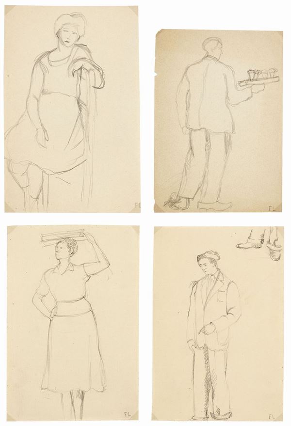 Filli Levasti : Quattro studi di figura  - Matita su carta - Auction XIX AND XX CENTURY PAINTINGS, DRAWINGS AND SCULPTURES - BUY NOW - Casa d'aste Farsettiarte