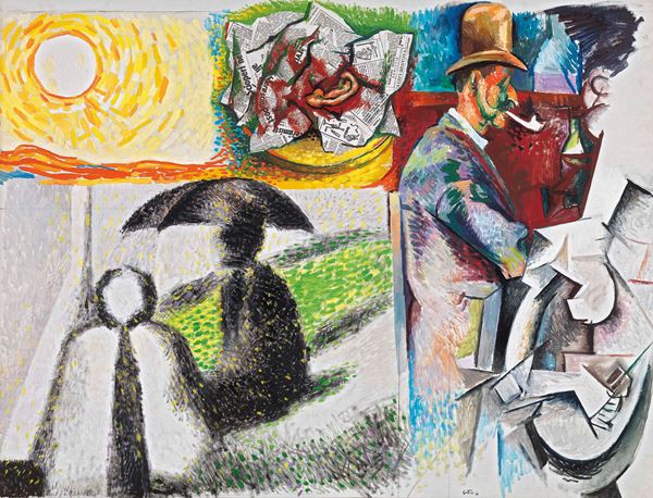 Renato Guttuso : Omaggio agli Impressionisti (Sole e orecchio di Van Gogh, Seurat, Cézanne, Picasso)  (1966)  - Olio su tela - Asta ARTE MODERNA - II - Casa d'aste Farsettiarte
