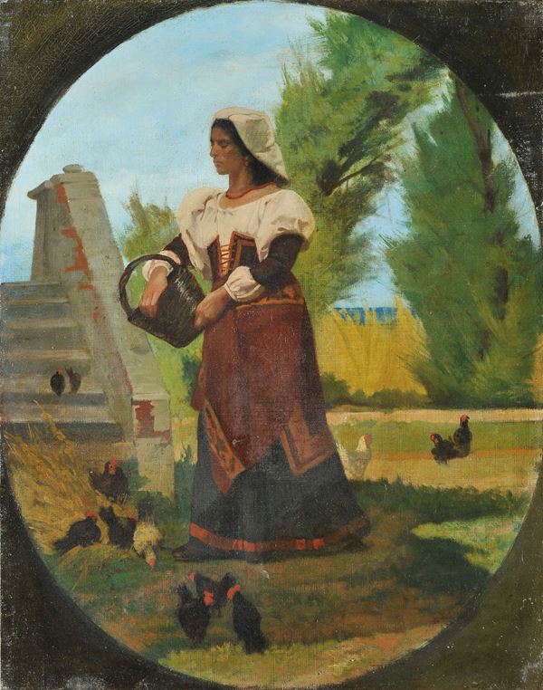 Giovanni Fattori : Cortile rustico con contadina  ((1862-63))  - Olio su tela - Asta DIPINTI E SCULTURE DEL XIX E XX SECOLO - II - Casa d'aste Farsettiarte