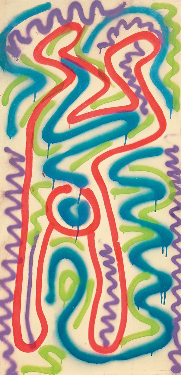 Keith Haring &amp; L.A. II : Senza titolo  (1983)  - Pittura spray su legno - Asta Arte Contemporanea - Casa d'aste Farsettiarte