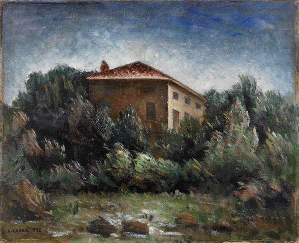 Carlo Carr&#224; : Paesaggio  (1932)  - Olio su cartone telato - Asta ARTE MODERNA - II - Casa d'aste Farsettiarte
