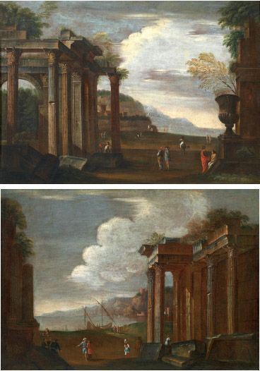 Niccol&#242; Codazzi (attr. a) - Coppia di dipinti: «Veduta di porto con rovine    architettoniche» e «Marina con rovine»