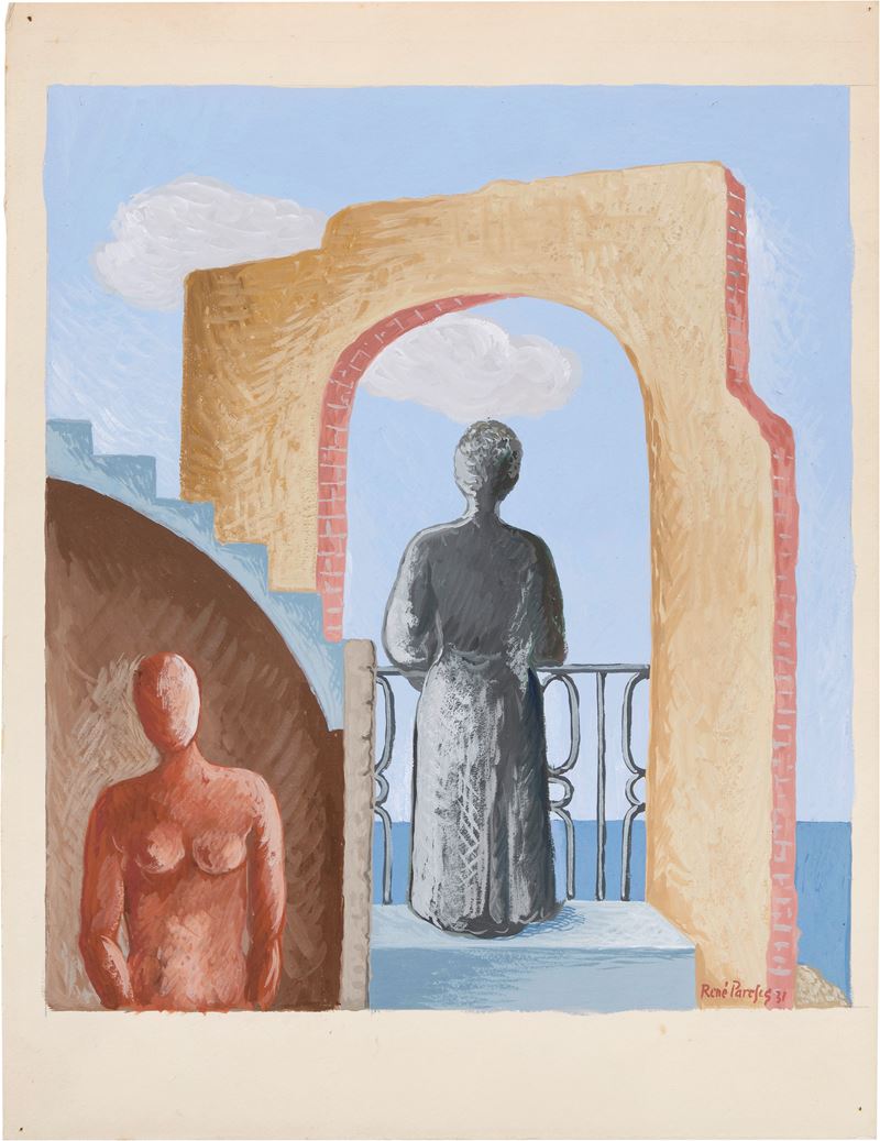 René Paresce - La Statua (donna in Terrazza Volta Verso il Mare e Manichino)