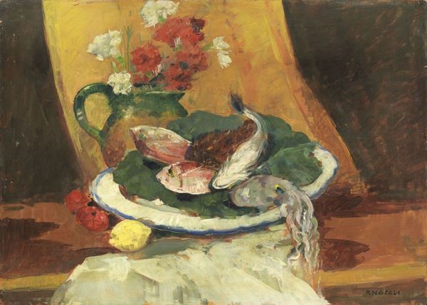 Renato Natali - Natura morta con pesci e fiori