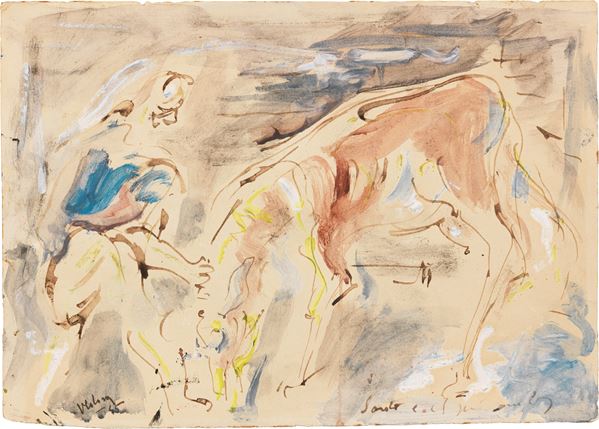 Emilio Vedova : Figura con mulo  (1945)  - Tempera e acquerello su carta - Auction Contemporary Art - Casa d'aste Farsettiarte