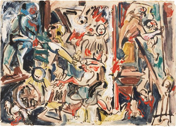 Emilio Vedova : Mercato di Pieve d'Alpago  (1945)  - Tempera su carta - Asta Arte Contemporanea - Casa d'aste Farsettiarte