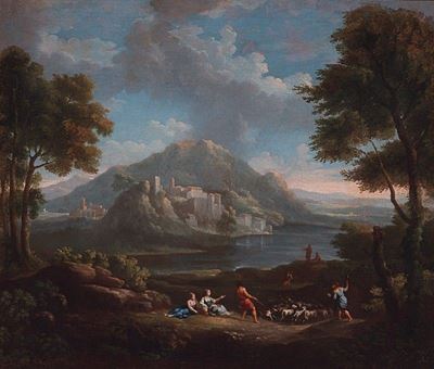 Paesaggio Fluviale con Figure e Gregge