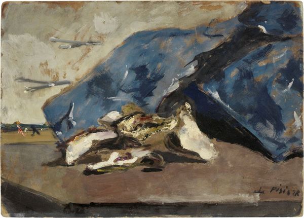 Filippo de Pisis - Natura morta con gusci d'ostrica e giacca blu sulla spiaggia
