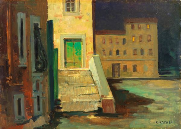 Renato Natali : Livorno di sera  - Olio su compensato - Auction XIX and XX Century Paintings and Sculptures - Casa d'aste Farsettiarte