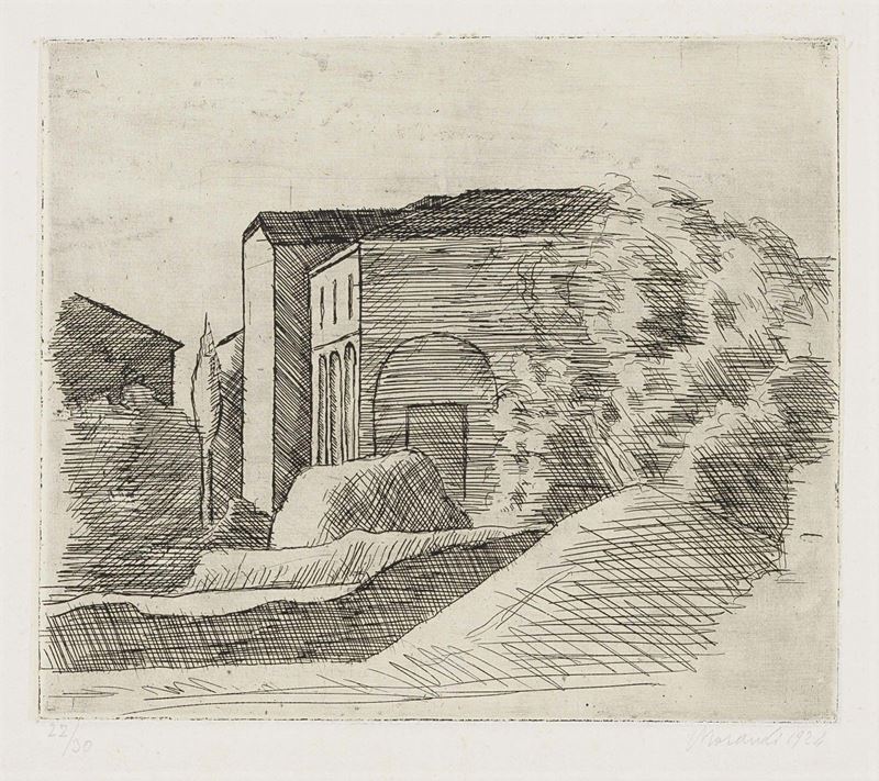 Giorgio Morandi - La Casetta con il Portico e il Cipresso (lastra Grande)
