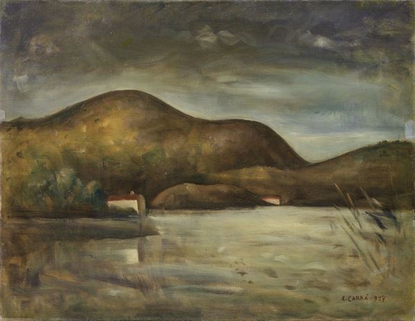 Carlo Carr&#224; : Case sul lago (Paesaggio lacustre)  (1927)  - Olio su tela - Auction MODERN ART - II - Casa d'aste Farsettiarte