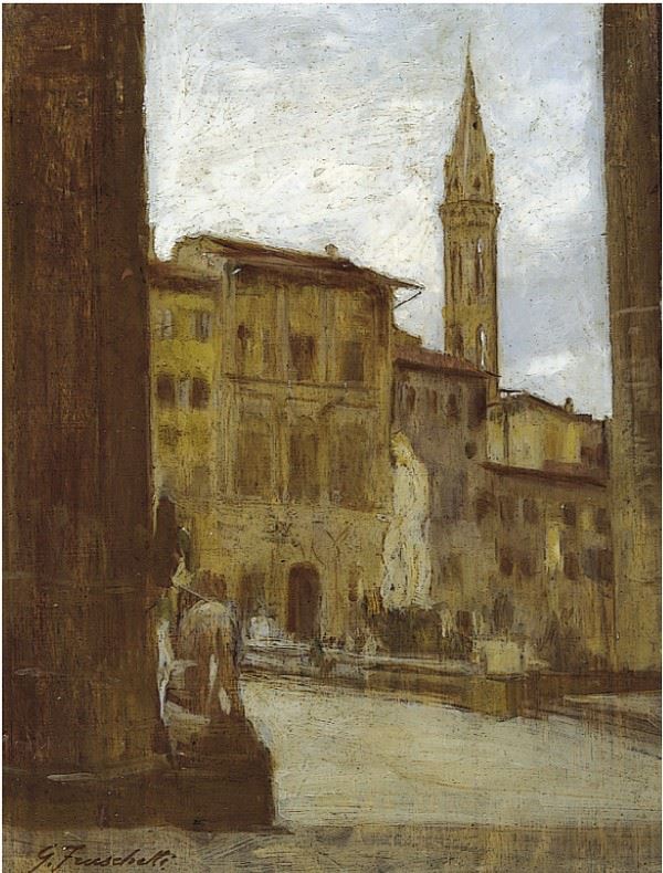 Giuseppe Fraschetti : Piazza della Signoria  - Olio su tavola - Asta PARADE II - Dipinti e Disegni del XIX e XX secolo - Casa d'aste Farsettiarte