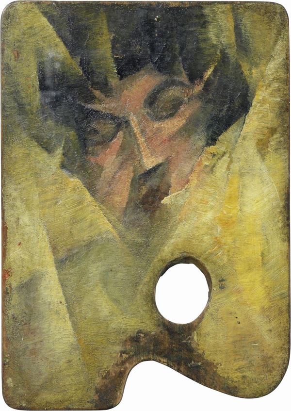 Roberto Marcello (Iras) Baldessari - Cassetta di colori con «Volto di donna (Dafne)»   sulla tavolozza e con «Dinamismo di case»         all'interno del coperchio