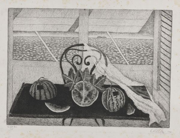 Giuseppe Viviani : Cocomero sulla terrazza  (1938)  - Acquaforte su rame, es. XXII/25 a f - Asta Arte Contemporanea - I - Casa d'aste Farsettiarte