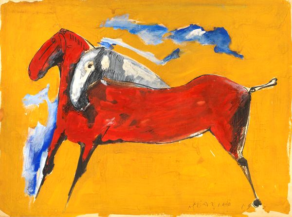 Marino Marini : Due cavalli  ((1947))  - Tecnica mista su carta applicata su tela - Asta ARTE MODERNA, CONTEMPORANEA E GRAFICA PARTE II - II - Casa d'aste Farsettiarte