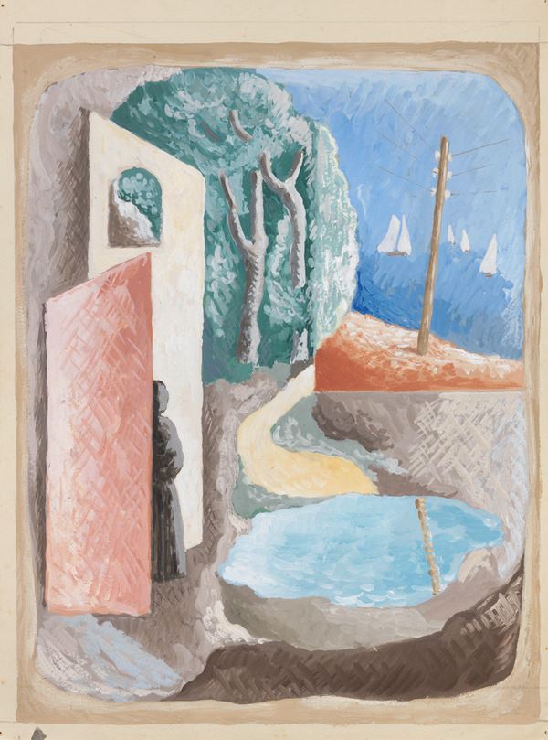 Ren&#233; Paresce : Paesaggio (Donna in attesa)  ((1932))  - Tempera su cartoncino - Asta ARTE MODERNA, CONTEMPORANEA E GRAFICA PARTE II - II - Casa d'aste Farsettiarte