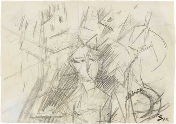 Mario Sironi : Composizione futurista. Figura e case  (1915)  - Matita su carta - Asta Arte Moderna - II - Casa d'aste Farsettiarte