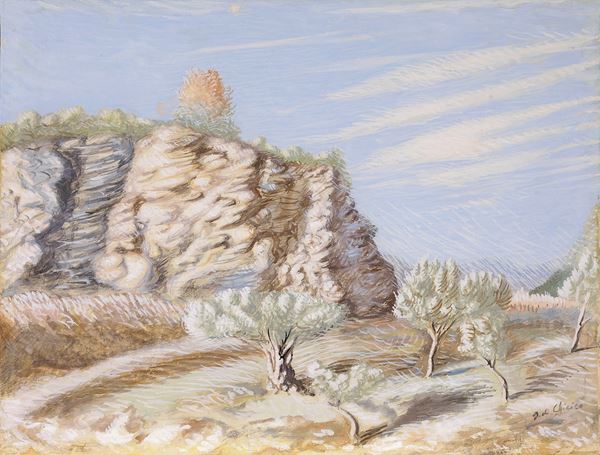 Giorgio de Chirico : Paesaggio ermetico (Paesaggio con rocce)  (1930 ca.)  - Tempera su cartone - Auction ARTE MODERNA - II - Casa d'aste Farsettiarte