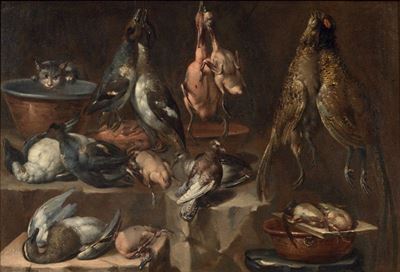 Natura Morta con Selvaggina, Pollame, Gatto, Piccione e Bacili di Rame