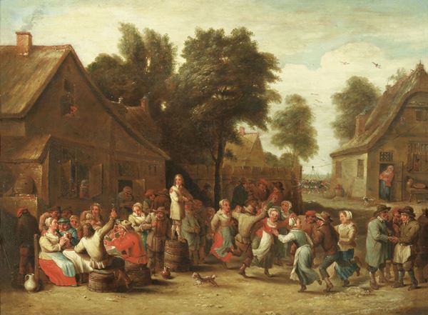 Abraham Teniers (attr. a) : Festa di paese (La kermesse)  - Olio su tavola - Asta IMPORTANTI DIPINTI ANTICHI - I - Casa d'aste Farsettiarte