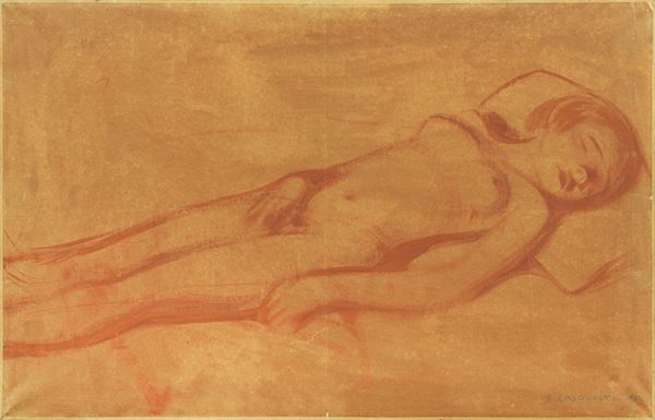 Felice Casorati : Nudo sdraiato  (1922)  - Tempera su carta applicata su tela - Asta ARTE MODERNA - II - Casa d'aste Farsettiarte
