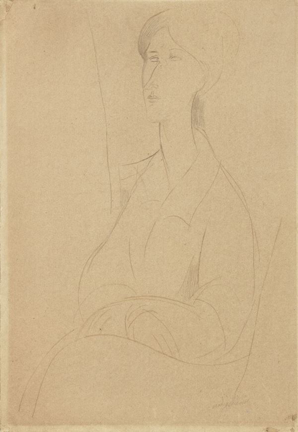 Amedeo Modigliani : Hanka Zborowska seduta con le mani in grembo  (1916-19)  - Matita su carta applicata su cartone - Asta ARTE MODERNA - II - Casa d'aste Farsettiarte