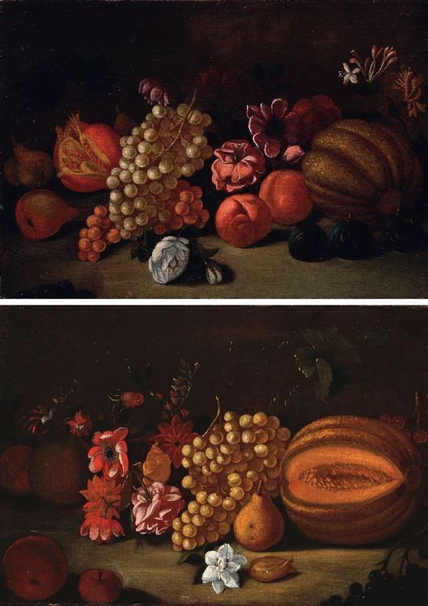 Bottega di Giovanni, Niccol&#242; e Angelo Stanchi - «Natura morta con fiori, uva e melone» e «Natura morta con melograno, uva e melone»