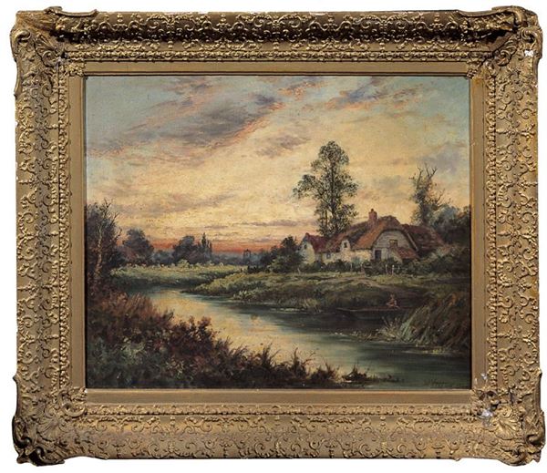 Ignoto fine XIX - inizi XX secolo - Paesaggio fluviale con casa