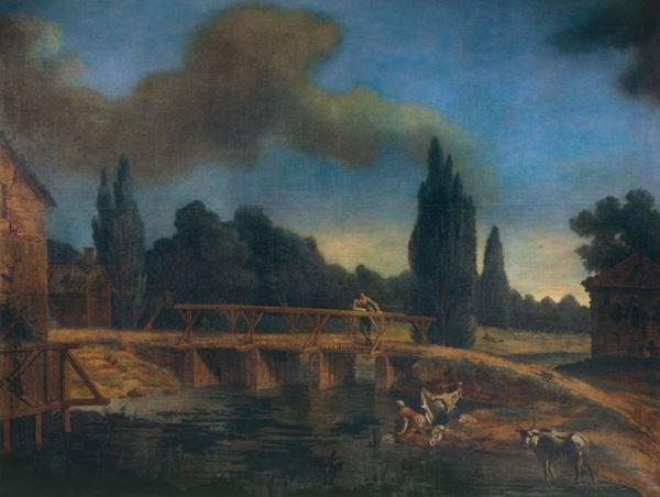 Scuola bolognese del XVIII secolo - Paesaggio fluviale con lavandaie a un ponte
