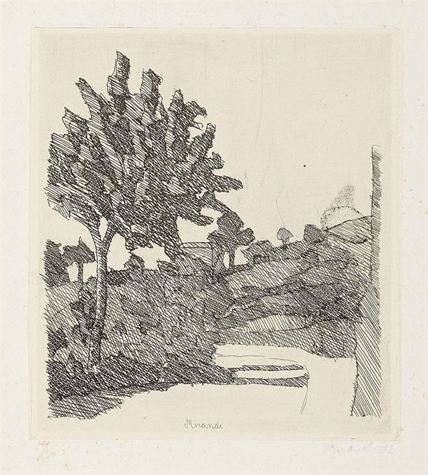 Giorgio Morandi : Paesaggio di Grizzana  (1932)  - Acquaforte su rame su carta India incollata, es. 5/30 - Auction Dipinti, disegni, sculture, grafica - Arte Contemporanea - I - Casa d'aste Farsettiarte