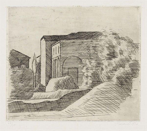 Giorgio Morandi - La casetta con il portico e il cipresso (lastra grande)