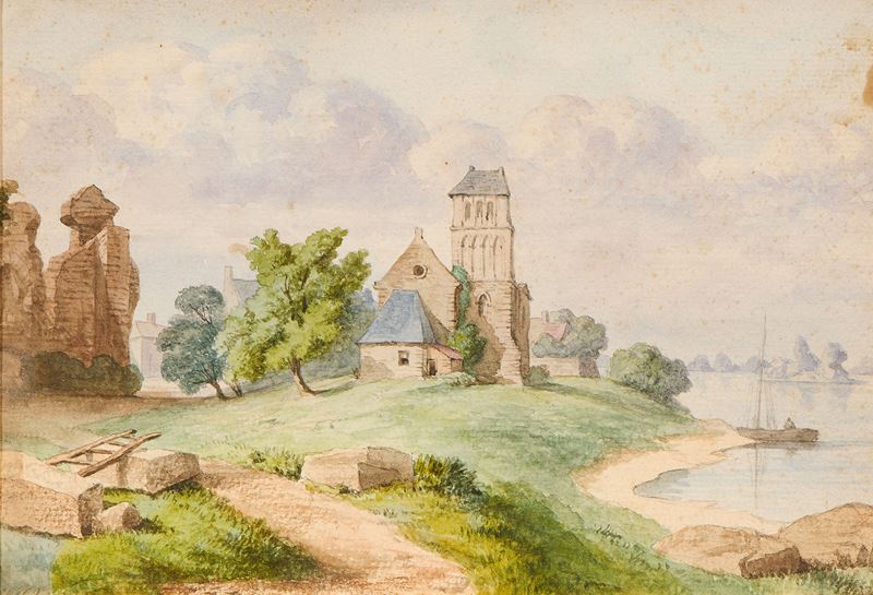 Veduta di lago con rovine e castello