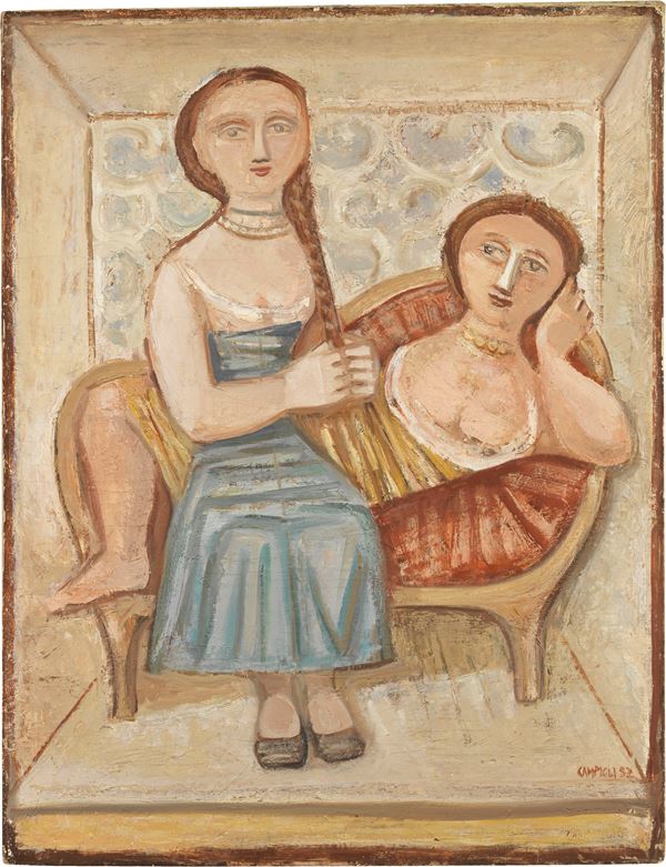 Massimo Campigli : Donne sul divano  (1952)  - Olio su tela - Asta Arte Moderna - II - Casa d'aste Farsettiarte