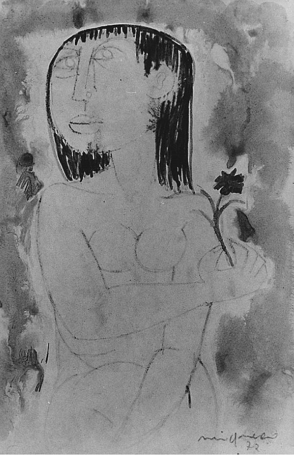 Giuseppe Migneco : Donna con fiore  (1972)  - China su carta applicata su cartone - Asta Dipinti, Disegni, Sculture e Grafica - Arte Contemporanea - I - Casa d'aste Farsettiarte