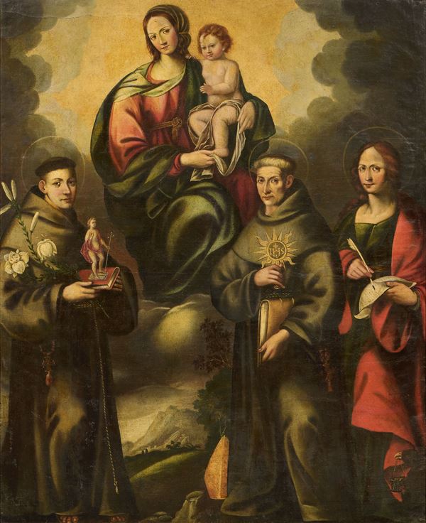 Scuola emiliana del XVII secolo : Madonna col Bambino e i Santi Antonio da Padova,  Bernardino e Giovanni Evangelista  - Olio su tela - Asta Importanti Dipinti Antichi - Casa d'aste Farsettiarte