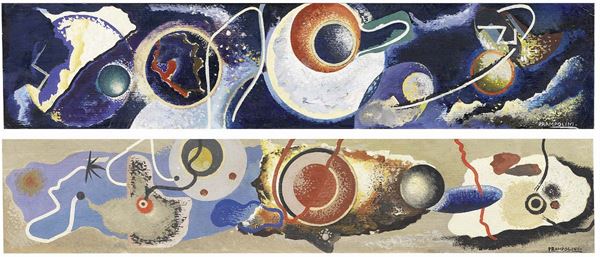Enrico Prampolini : Due «Paesaggi cosmici»  ((1930))  - Tempera su cartoncino applicato su tavola - Asta ARTE MODERNA - II - Casa d'aste Farsettiarte