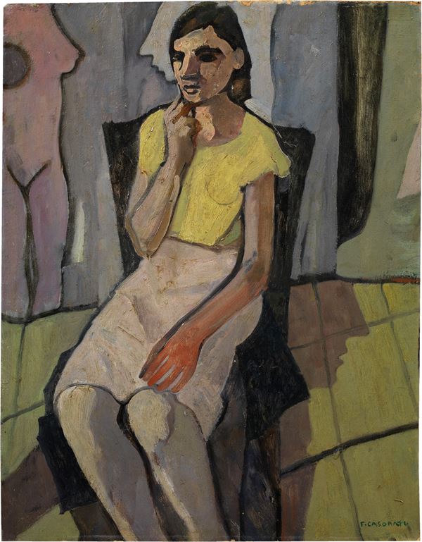 Felice Casorati : Ragazza seduta (con l'abito chiaro)  (1942)  - Olio su cartone - Auction MODERN ART - II - Casa d'aste Farsettiarte