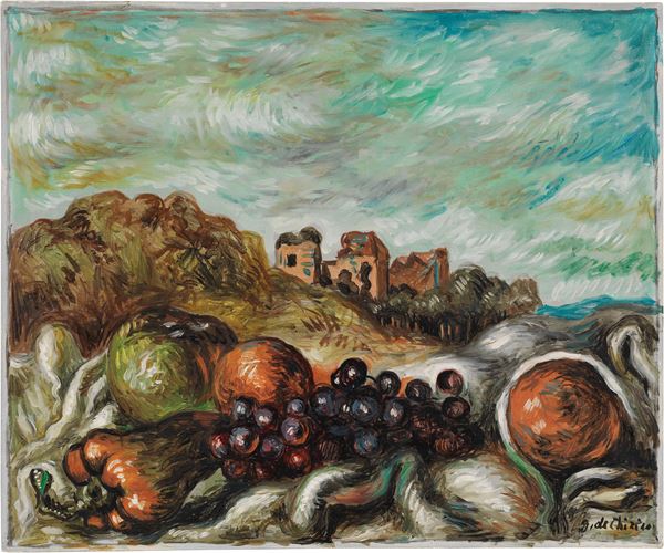Giorgio de Chirico - Vita silente di frutta in un paese