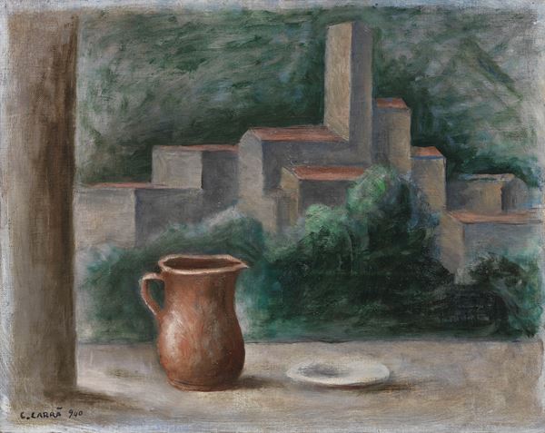 Carlo Carr&#224; : Finestra sul fiume  (1940)  - Olio su cartone telato - Auction Modern Art - Casa d'aste Farsettiarte