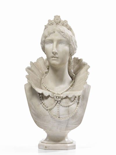 Busto di Donna con Diadema, Goletta e Lunga Catena di Perle con Crocifisso