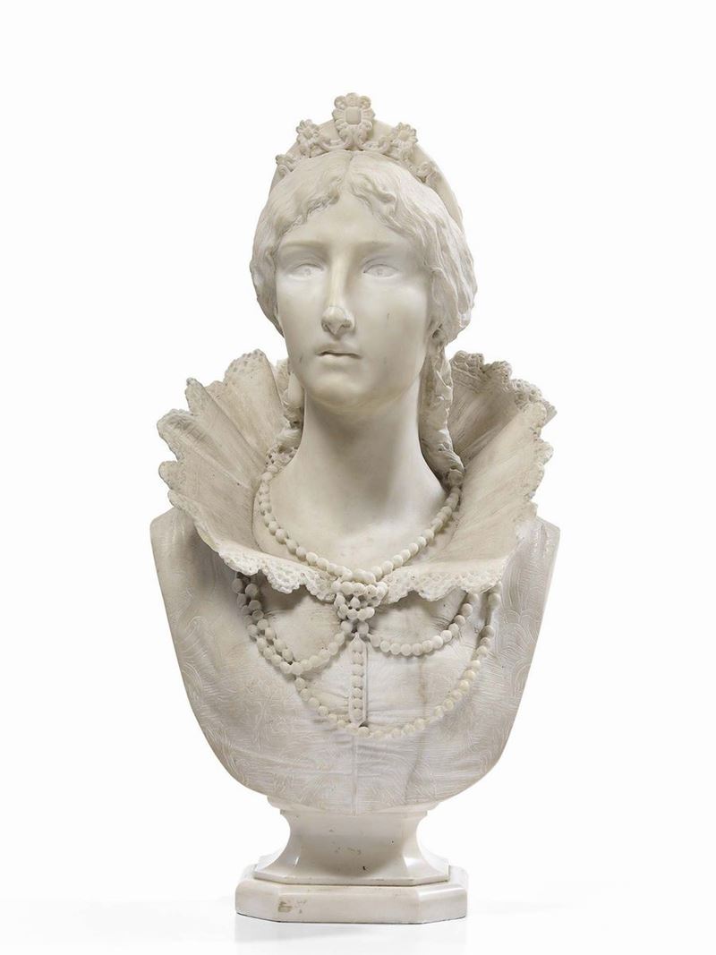 Ignoto Fine XIX Secolo - Busto di Donna con Diadema, Goletta e Lunga Catena di Perle con Crocifis...