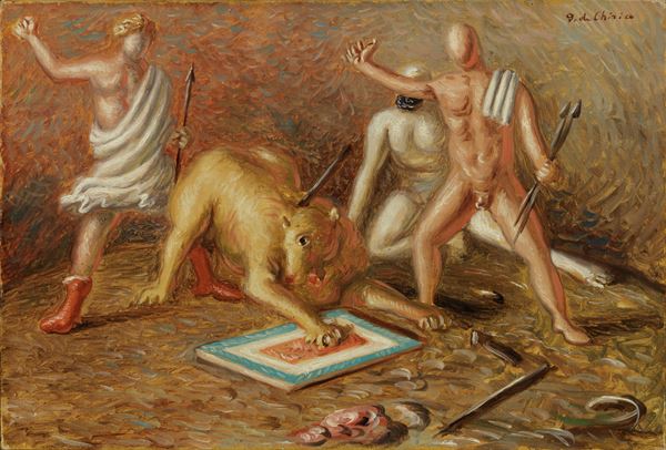 Giorgio de Chirico : Combattimento di gladiatori con la belva  (1929-30)  - Olio su tela - Auction MODERN ART - II - Casa d'aste Farsettiarte