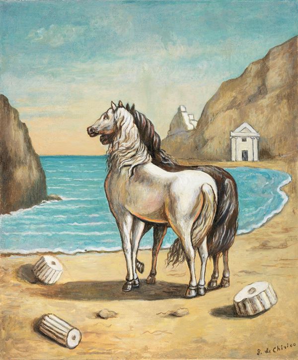 Giorgio de Chirico : Cavalli antichi in riva al mare  (inizio anni Settanta)  - Olio su tela - Auction Modern Art - II - Casa d'aste Farsettiarte