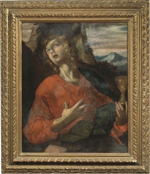 Scuola di Ippolito Scarsella, detto lo Scarsellino : San Giovanni Evangelista a Patmos  - Olio su tela - Auction IMPORTANT OLD MASTERS PAINTINGS - I - Casa d'aste Farsettiarte
