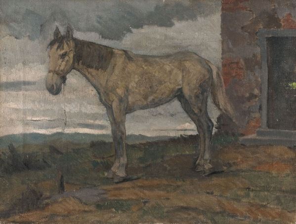 Ruggero Panerai : Cavallo bianco nel paesaggio  - Olio su tela - Auction XIX AND XX CENTURY PAINTINGS AND SCULPTURES - II - Casa d'aste Farsettiarte